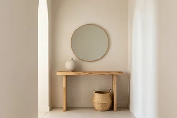 Fototapete Japandi Minimal warm entryway with wooden console table round mirror vase and woven basket  © Purple_Monster