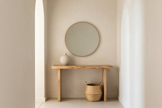 Minimal warm entryway with wooden console table round mirror vase and woven basket