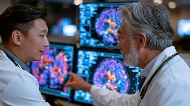Psychiatry resident reviews dopamine receptor imaging scans on dual monitors inside a compact hospital reading room, cross-referencing PET data with patient symptom logs while a supervisor points to