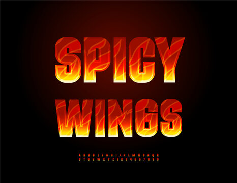 Vector Gourmet Advertisement Spicy Wings for Cafe, Bistro and Restaurant. Flame style Font. Fire Pattern Alphabet Letters and Numbers set.
