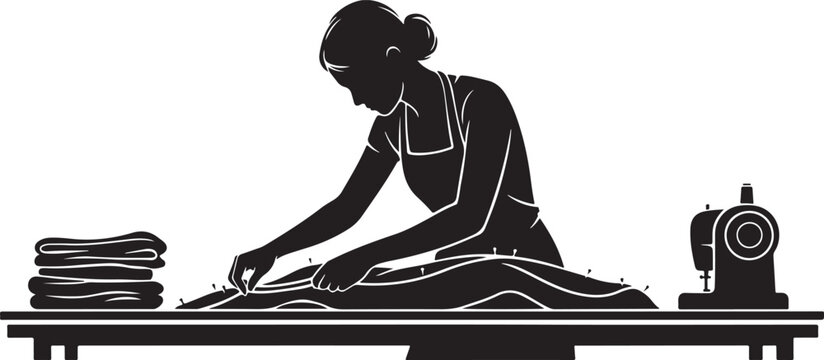 Silhouette Woman sewing at a table with fabric and sewing machine