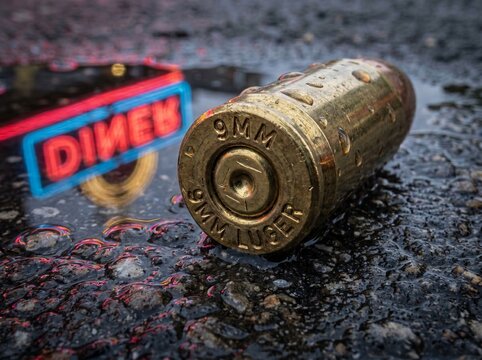 Spent 9mm Luger bullet casing on wet asphalt pavement macro shot.