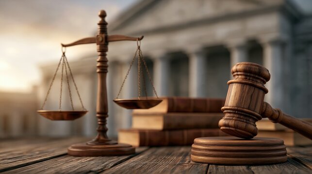 Wooden scales stand tall beside a gavel