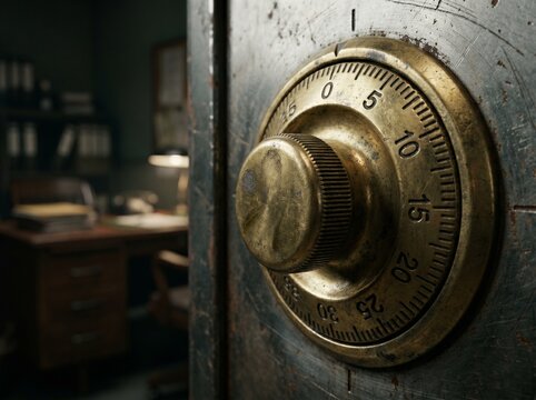 Vintage heavy metal safe dial combination lock close up in dark office.