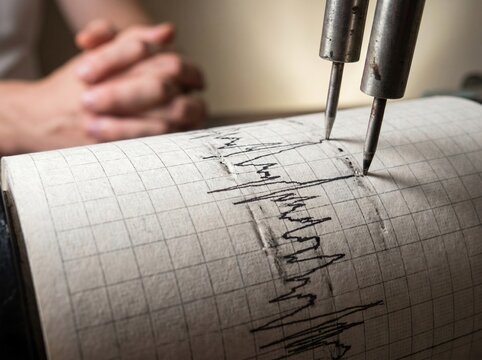 Polygraph test machine recording lie detector results on paper chart.