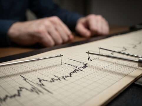 Polygraph lie detector machine recording data on graph paper.