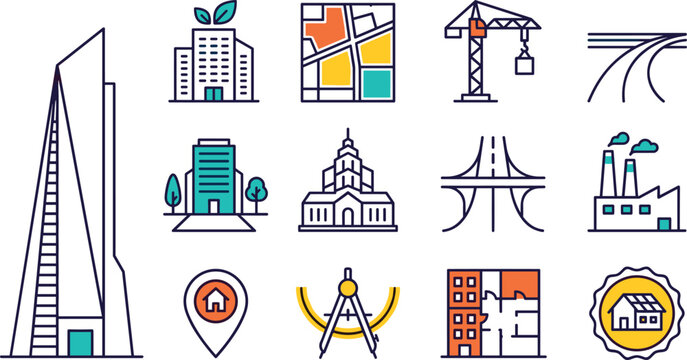 Urban Development and Architecture Icon Set Featuring Skyscrapers Construction Maps Infrastructure Real Estate and Modern City Planning Design