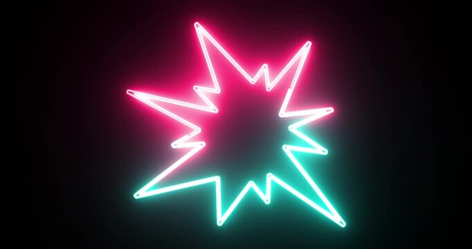 Neon Starburst Frame Animation on Black Background, Glowing Cyan and Pink Burst Shape, Futuristic Comic Speech Bubble, Retro Pop Art Motion Graphics Loop in 4K