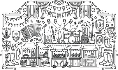 Fototapeta premium Black and white line art illustration of a country folk festival with a live band and market stalls, designed as a detailed coloring page.