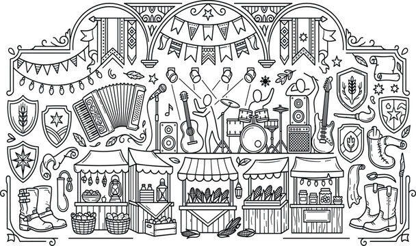 Black and white line art illustration of a country folk festival with a live band and market stalls, designed as a detailed coloring page.