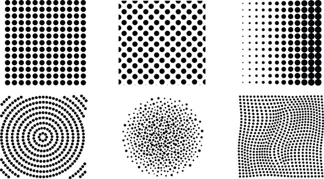 Black halftone dot pattern collection with circle grid wave gradient radial and abstract geometric textured vector design elements