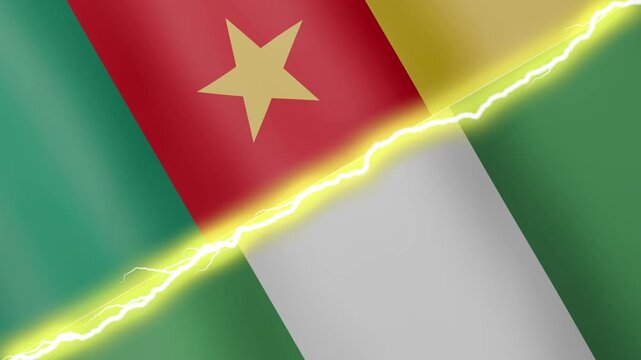 Two waving flags Cameroon and Nigeria with diagonal lightning seamless, 4k loop