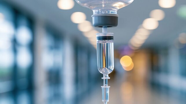 Clear IV bag hangs in hospital hallway