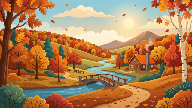 Beautiful autumn landscape vector illustration with wooden bridge small river and cozy cabin in the forest