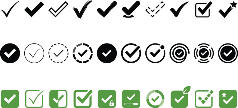 Checkmark and tick box icon set with black and green ok approved correct choice survey and quiz vector elements