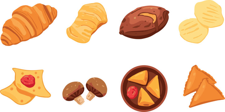 Bakery and Savory Snack Icon Set with Croissant, Samosas, Potato Chips, Pastries, and Mushrooms for Food Menu Vector Graphic Designs
