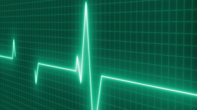 Neon glowing electrocardiogram heartbeat on grid background animation