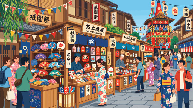 Bustling souvenir market during Gion Matsuri showcasing traditional Japanese crafts, decorative fans, lucky charms, and authentic cultural products in Kyoto.
