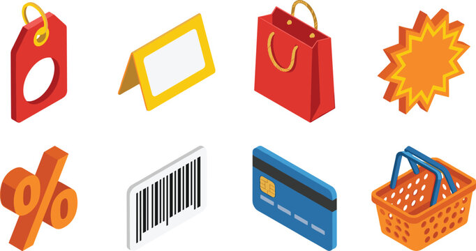 Isometric e-commerce shopping icon set with retail price tag basket bag card barcode discount percentage and starburst vectors
