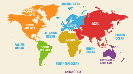 Colorful vector graphic illustration of the world map featuring all major continents and oceans labeled for educational and design purposes © Firdaus