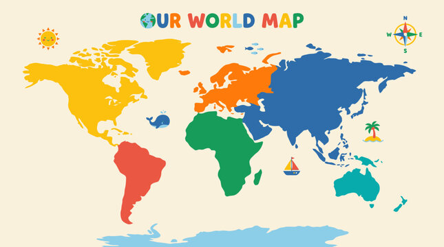 Colorful flat vector illustration of a world map featuring playful icons of a whale sun compass and tropical island elements