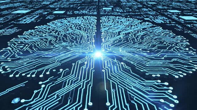 Circuit board pattern forming brain shape in center.