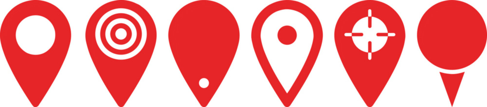 Red map pin pointer icon set with navigation marker gps target location and destination placeholder web vector symbols