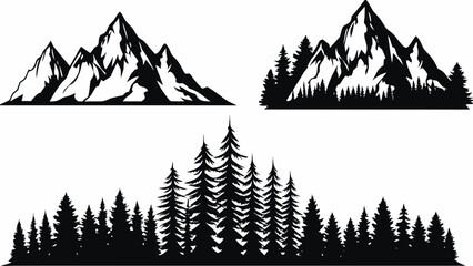Mountain range and coniferous forest silhouettes against a white background © Kapil