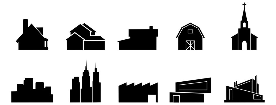 Industrial Factory Buildings Black Silhouette Set