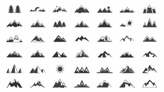 Collection Of Mountain Silhouettes And Pine Tree Shapes On A White Background