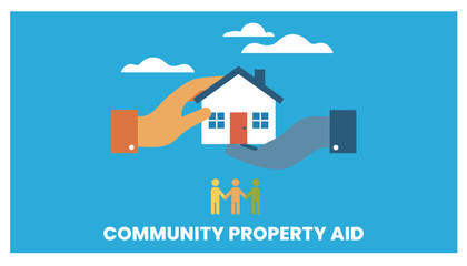 Fototapeta premium Community property aid graphic showing an orange hand and a grey hand holding a small house under clouds on blue.