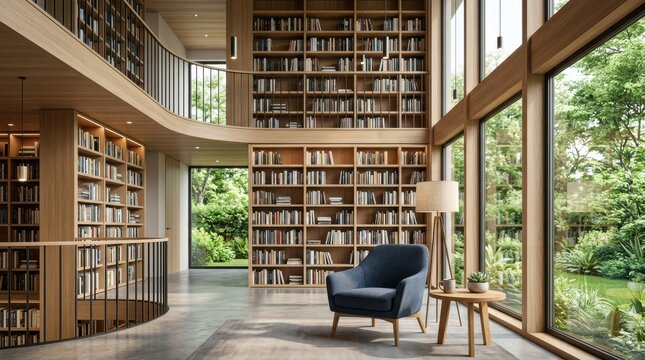 Modern home library interior with cozy reading nook and tall bookshelves bookshelf