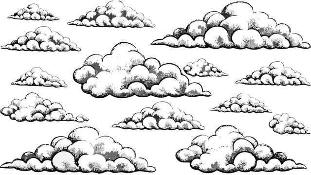 Cumulus Clouds Vector Illustration With Hatching A Black And White Atmospheric Pattern