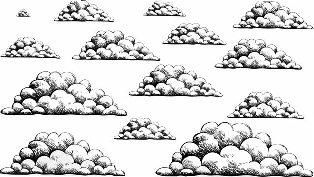 Cumulus clouds illustration black and white sketch with a repeating pattern on a white background