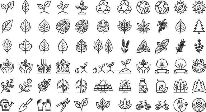 Eco friendly sustainability and organic gardening vector line icon mega set featuring clean energy leaves and recycling symbols