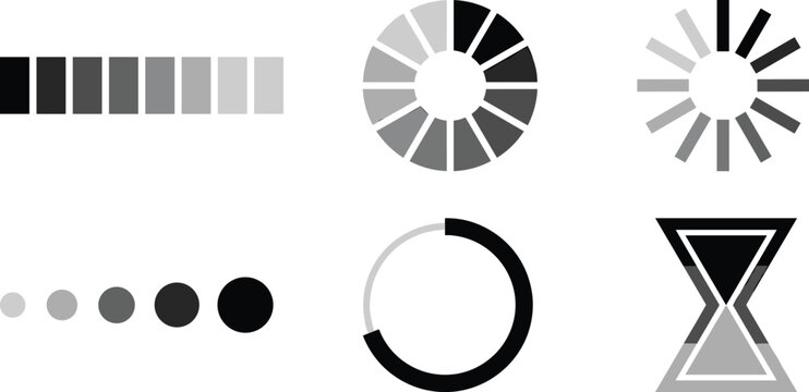 Loading indicator and progress bar icon set with spinner buffer download upload wait status and hourglass vector symbols