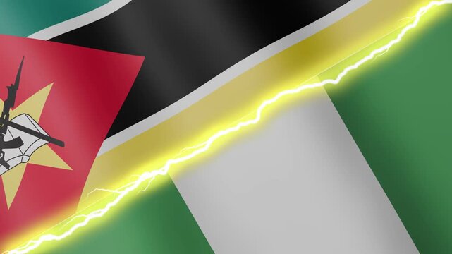 Two waving flags Mozambique and Nigeria with diagonal lightning seamless, 4k loop