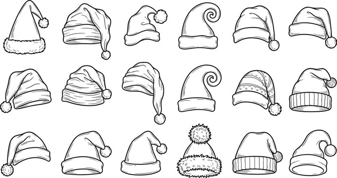 Hand drawn Christmas Santa hats and winter beanies vector set featuring line art holiday doodles on white background