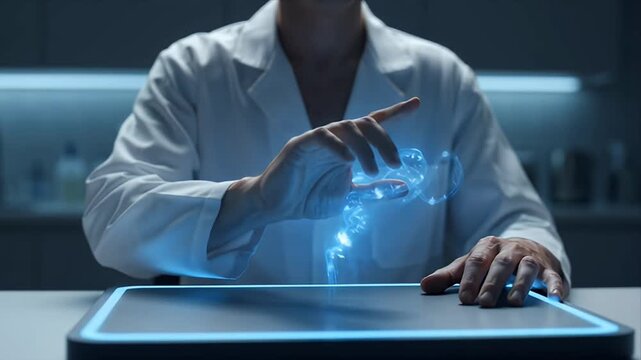 CRISPR gene therapy Scientist laboratory wearing lab coat uses hologram technology research interface over digital table for healthcare medicine, futuristic DNA biotechnology and biomedical