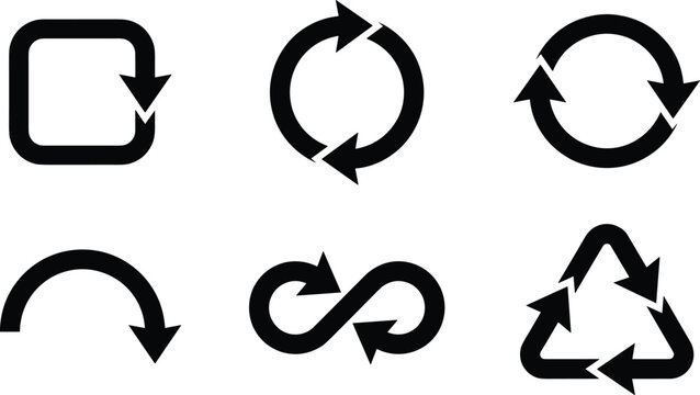 Recycling and loop arrow icon set with circular square triangle infinity and curved rotation process vector symbols