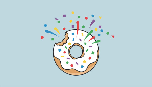 Delicious glazed donut with sprinkles has a bite taken out, surrounded by festive colorful confetti burst.