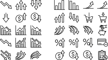 Fototapeta premium Financial business line icon set featuring growth arrow graphs profit loss metrics increase decrease shopping charts percent and currency symbols