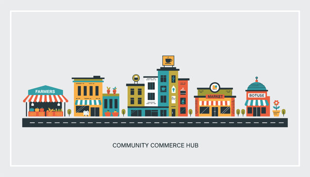 Row of local community commerce hub storefronts along a street including a farmers market, bakery, and retail shops.