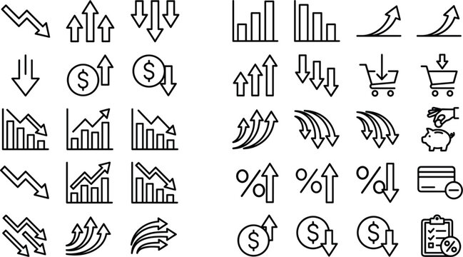 Financial business line icon set featuring growth arrow graphs profit loss metrics increase decrease shopping charts percent and currency symbols