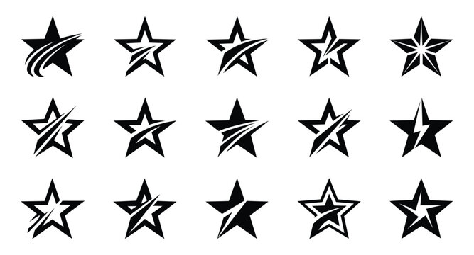 Set of abstract star logo icons with swooshes and dynamic elements
