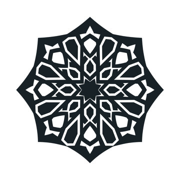 Islamic geometric star ornament, black arabesque mandala vector, traditional middle eastern pattern for ramadan decor