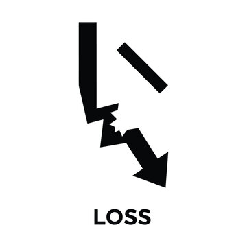 Loss financial arrow icon, broken downward trend line vector, black and white business failure graphic symbol