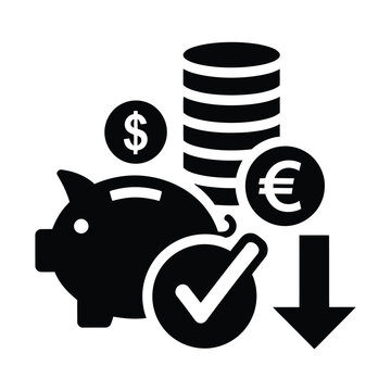 Piggy bank and money coins icon, financial savings and budget reduction vector, dollar and euro currency symbols