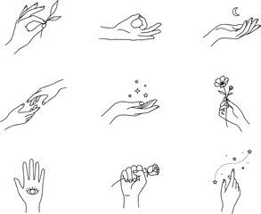 Fototapeta premium Minimalist mystic hand gestures line icon set with celestial stars moon floral leaves mudra and esoteric hamsa eye elements