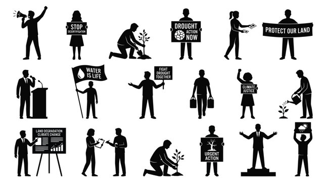 Protestors advocating for drought action and protecting land, climate change awareness visuals.